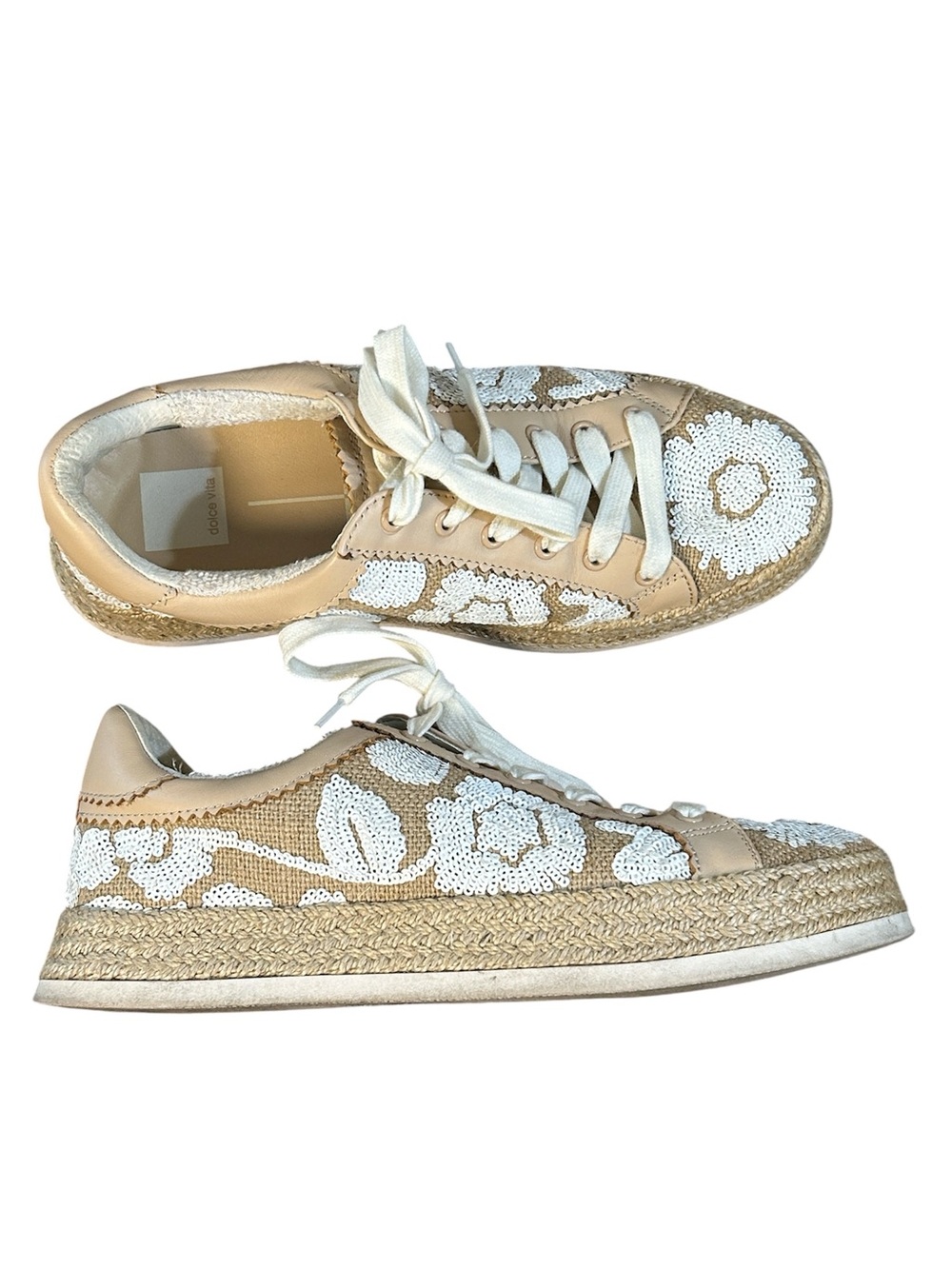 Dolce Vita Azalia Sneakers White Floral Sequin, raffia-wrapped sole size 8.5